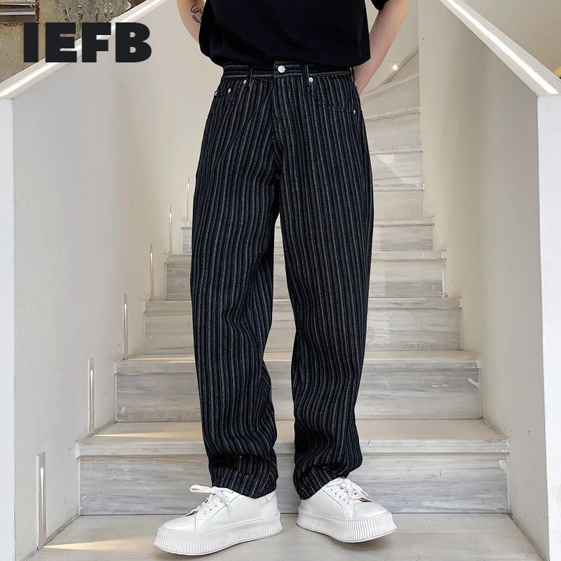 

IEFB Stripe Pattern Loose Men's Black Jeans High Waist Loose Straight Denim Trousers For Male Vintage Fashion 9Y726 210524, Blue