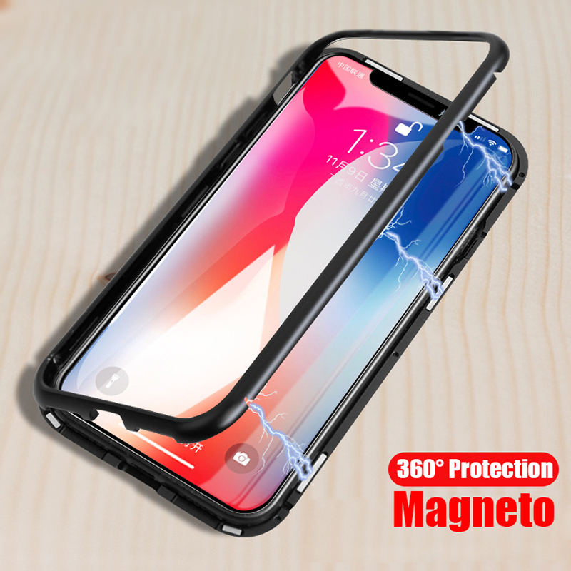 

Magnetic Adsorption Phone Case For iPhone 11 Pro Max XS XR Tempered Glass magnet Flip Cover for 8 Plus 6 6S, Clear black