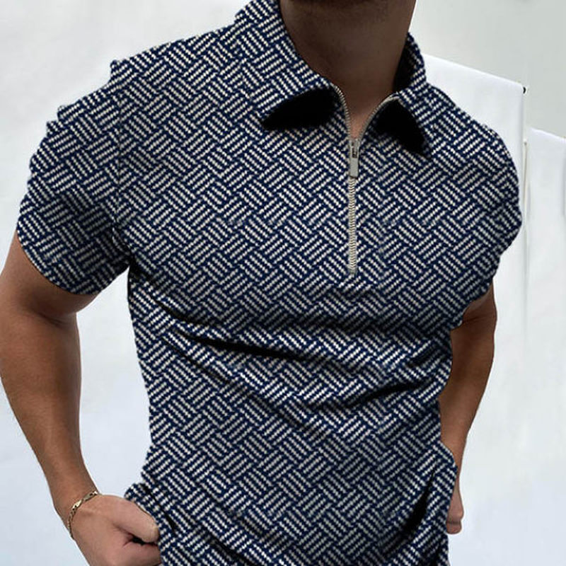 

Fine lines pattern men's zipper polo shirt high quality comfortable breathable fashionable cool daily travel work party, White;black