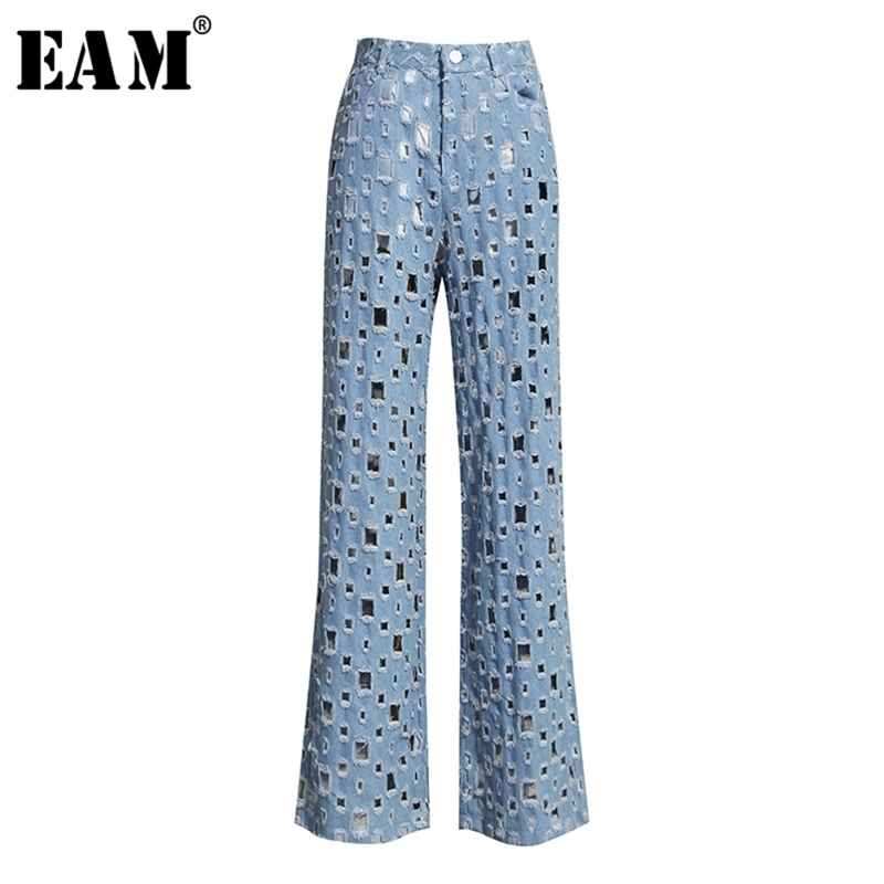 

[EAM] Wide Leg Blue Denim Hollow Out Long Jeans High Waist Loose Women Trousers Fashion Spring Autumn 1K434 210629, Light blue