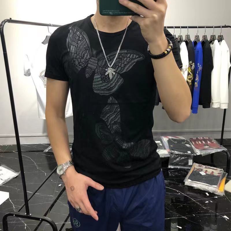 Men's T-Shirts Butterfly Printing Youth Slim 2022 Summer New Mercerized Cotton Black Solid Color Personalized Men's Clothing Top M-4XL