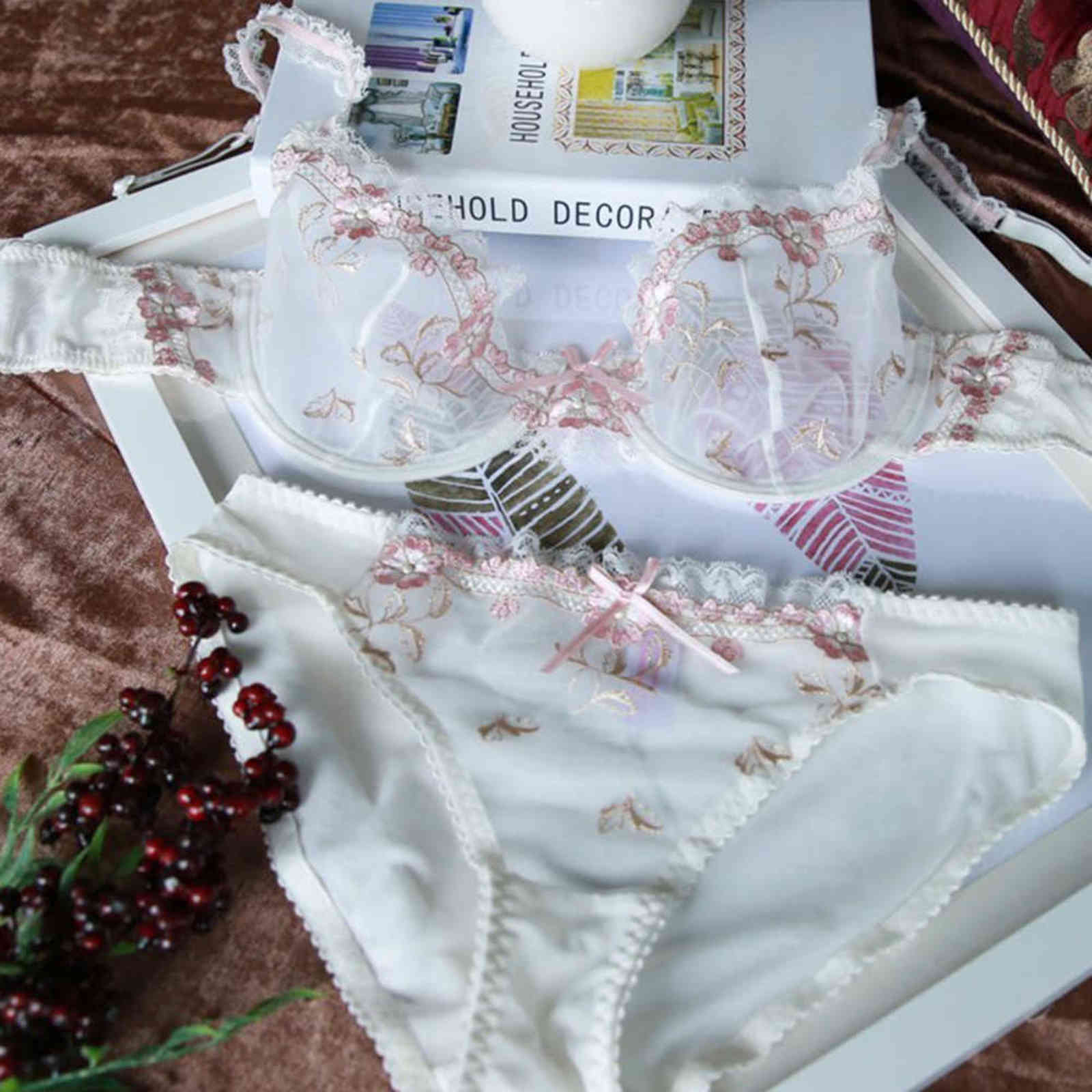NXY sexy setWomens Bras Sets Embroidery Floral Sheer Brassiere Underwear Set Ultra-Thin Underpants Sexy Lingerie Tops Panties AA A B C D Cup 1127