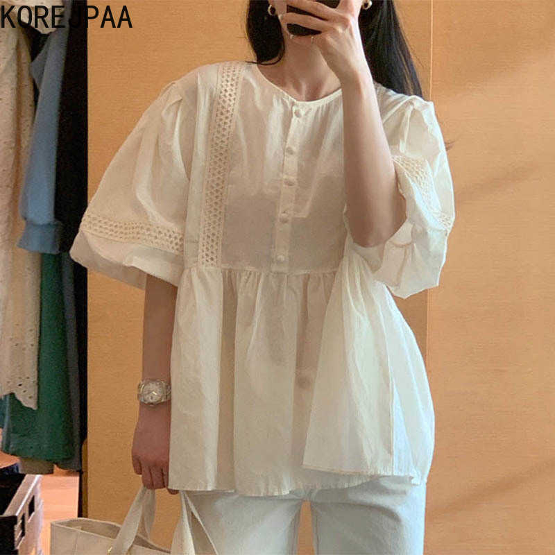 

Korejpaa Women Shirt Summer Korean Chic Girls Round Neck Hollow Lace Stitching Single-Breasted Lantern Sleeve Doll Blouses 210526, Apricot