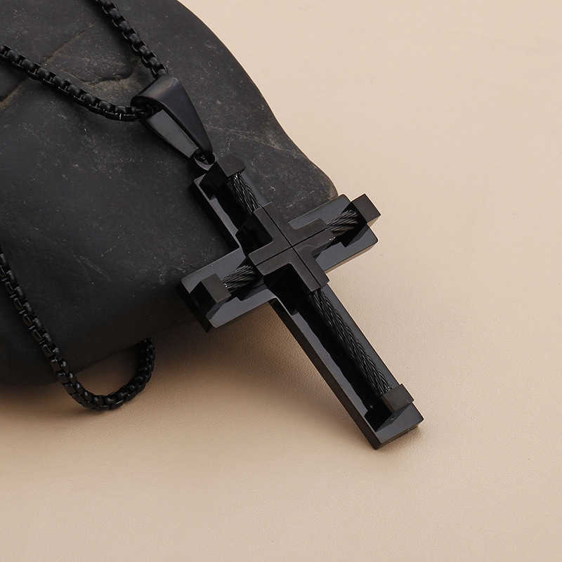 

Fashion Men Punk Male Black Titanium Steel Cable Wire Jesus Rope Cross Pendant Necklace Jewelry