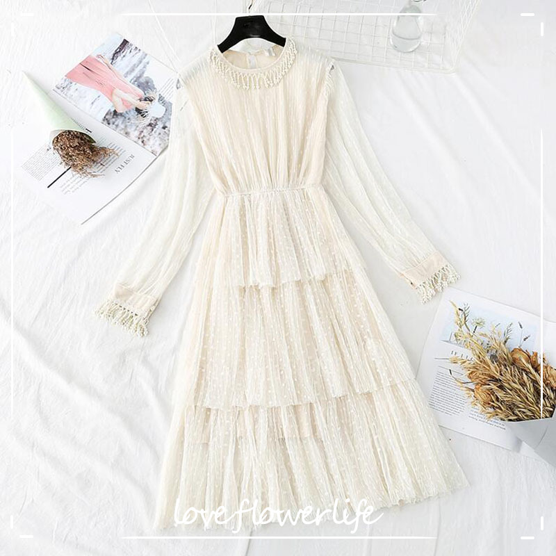 

Lace Dress Women Autumn Winter Elegant Lady O- Neck Long Sleeve Party Midi Dress Sweet Beading Cake Mesh Dresses Vestidos 210521, White