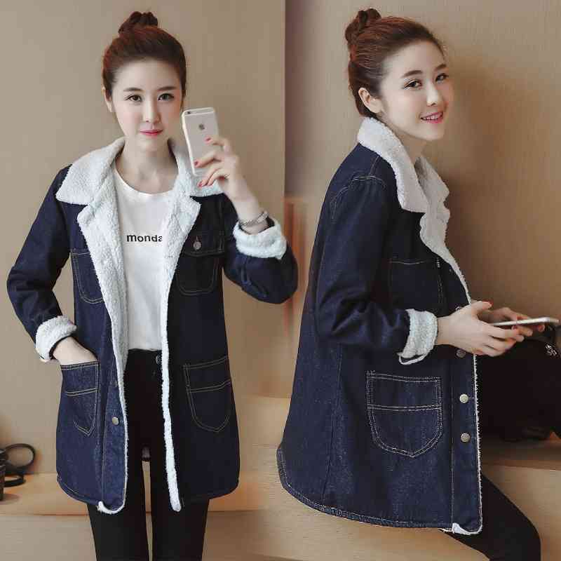 

2020 autumn and winter women' clothing Korean version Plush thickened denim medium length loose lamb wool cotton coat student, Blue