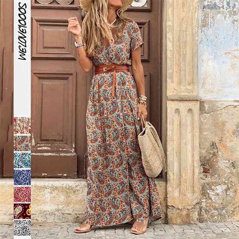 

Summer Boho Long Dress Women Casual 7 Colors Printed V Neck Tunic Party Dresses Female Elegant High Slit Beach Robe Dress 210630, Big red