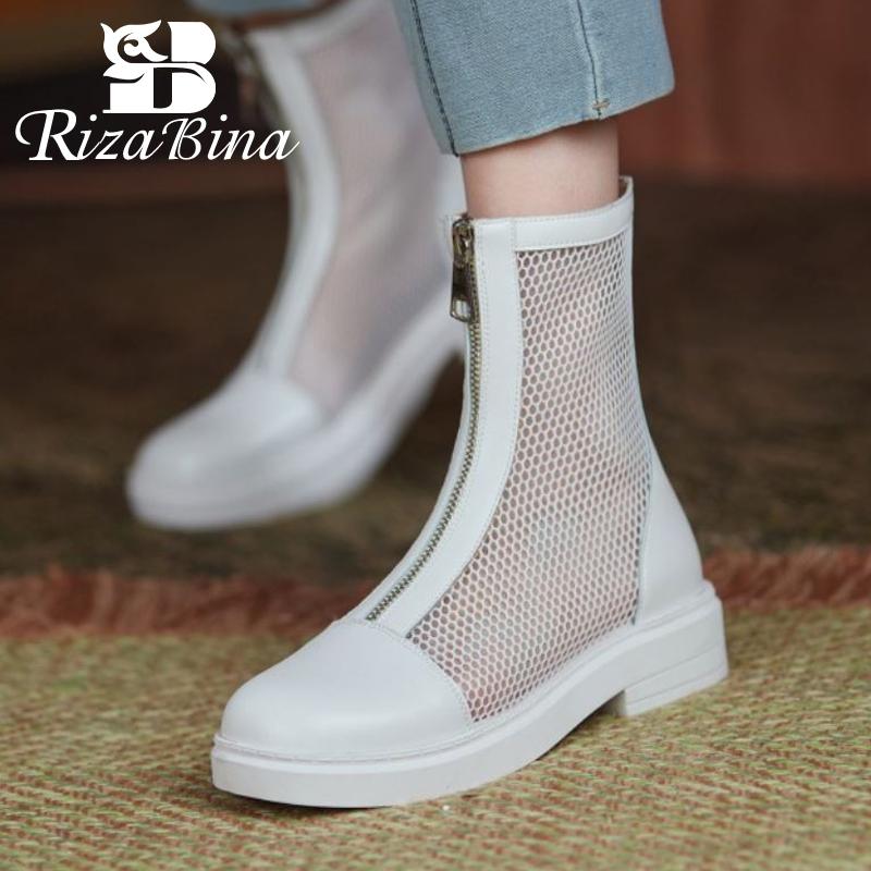 

Boots RIZABINA Women Fashion Real Leather Cool Summer Round Toe Zipper Hollow Out Shoes Outdoor Female Footwear Size 32-43, Black