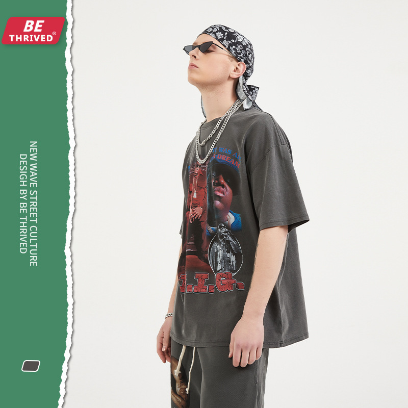

be men's wear | 2021 summer b.i.g rapper short sve vintage high street fashion t-shirt men's wear, White;black