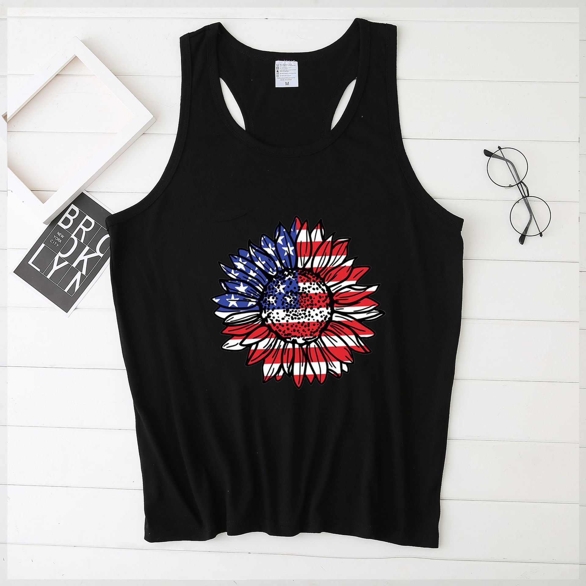 

summer vt large loose sunflower and american flag art print, White