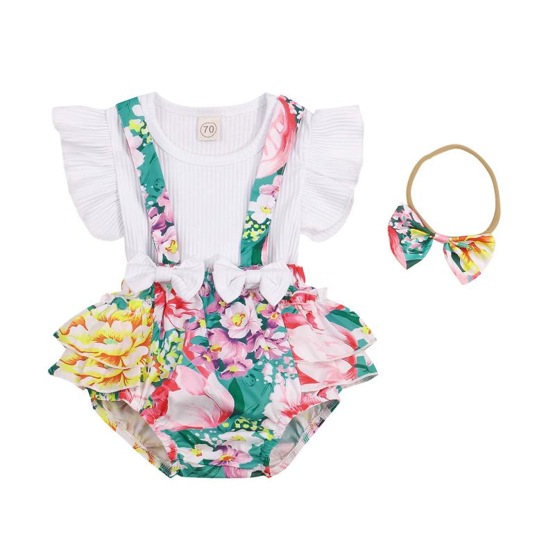 

Clothing Sets 3 Pcs Born Baby Girl Clothes Summer Set Ribbed Sleeve Round Neck T-shirt + Flower Suspender Pants Bowknot Headband, White
