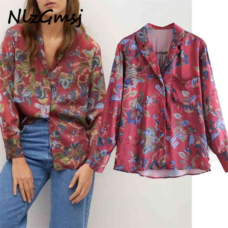 

Blouse Women Vintage Print Shirt Long Sleeve Soft Irregular Top Female Chic Front Button Elegant Red 210628, As picture