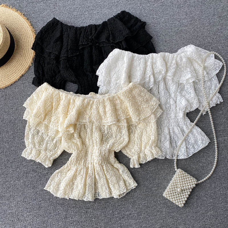 

Women' Knits & Tees Women Fashion Sexy Sweet Cut-out Ruffle Slash Neck Short Sleeve Tops Summer Blusa Blouse Shirts Clothes S146, Apricot