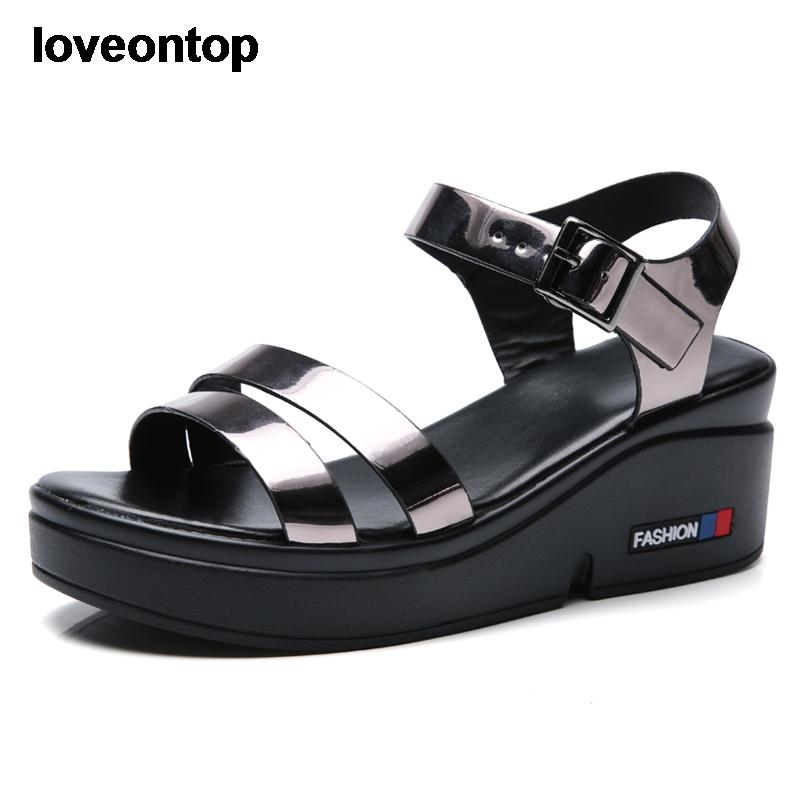 

Loveontop 2021 Fashion Summer Women Sandals Leather Comfort Casual Punk Shoes Lady Flat Platform Golden With Open, Black