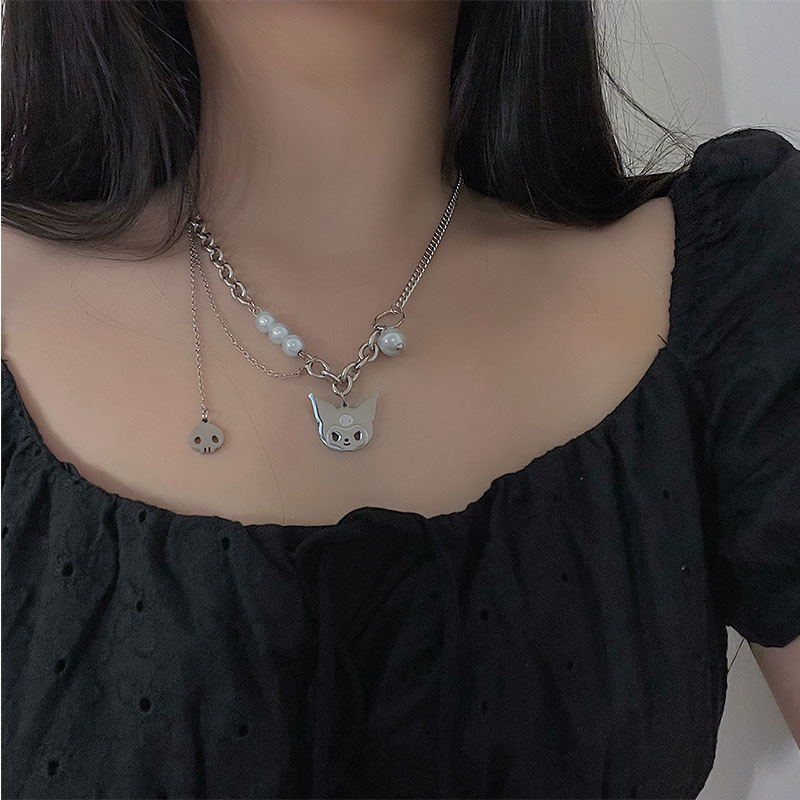 

Dark Black tan11 Steel Colorless Kuromi Necklace Female Kitten Reflective Pearl Stitching Multi-layer Clavicle Chain Neck