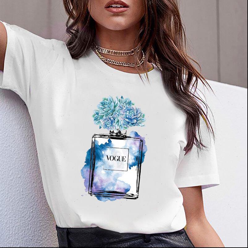 

vogue women cotton t shirt print flower perfume bottle girls short sleeve female o neck casual tee, White