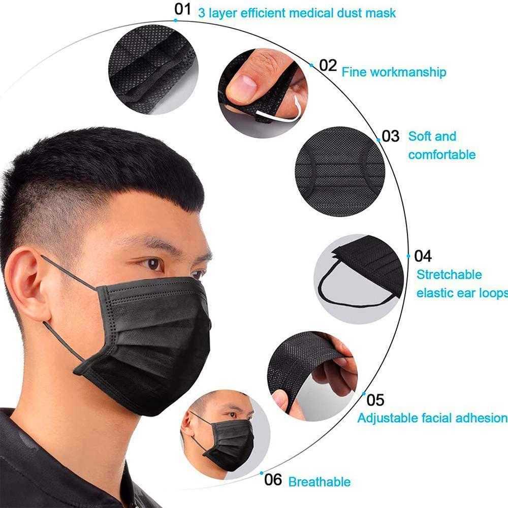  Black Disposable Face Masks 3-Layer Protection Mask with Earloop Mouth Face Sanitary Outdoor Masks