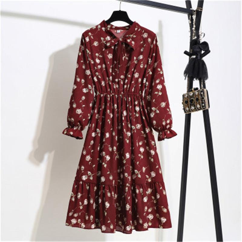 

Casual Dresses Floral Print Women Autumn Winter Chiffon Dress Bow Collar Long Sleeve Slim Vintage Party Elastic Waist Vestidos, Black;gray