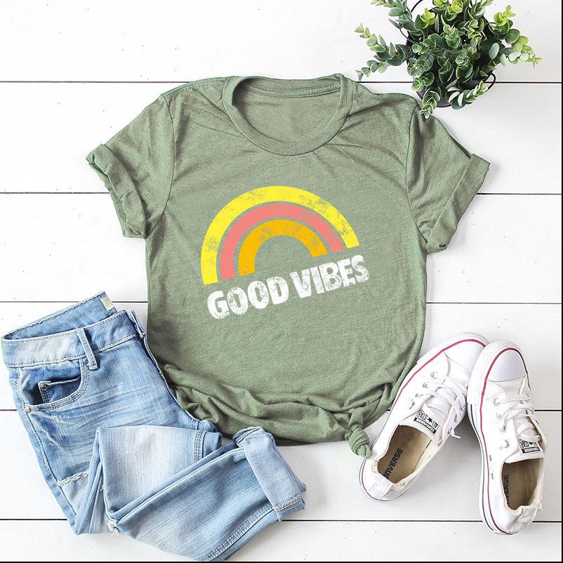 

womens t shirts 100% cotton summer woman shirt good vibes print women plus size 5xloose letter korean rainbow graphic, White