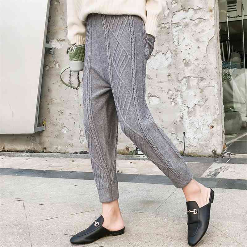 

Fashion Women Winter Knitted Pants Thick High Waist Pocket Drawstring Warm Loose Solid Color Harem 210520, Photo color