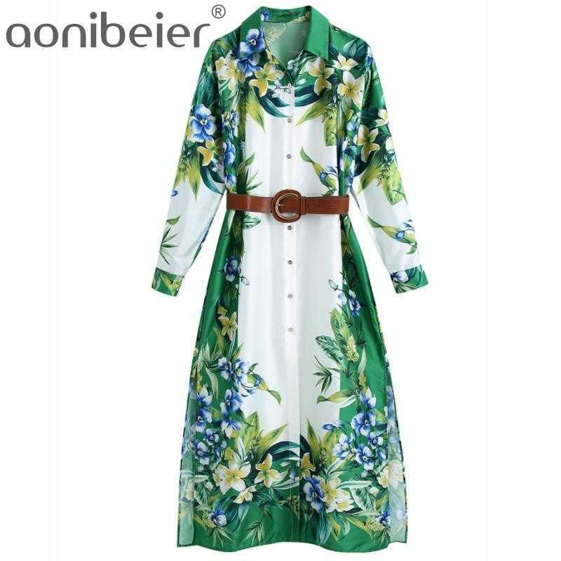 

Za Women Summer Fashion Print With Belt Shirt Midi Dress Woman Elegant Robe Long Sleeve Button Casual Dresses 210604, Green