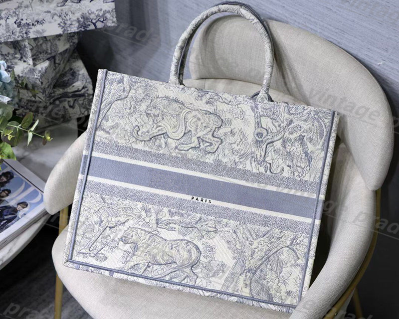 

Top quality embroidery original Luxurys Designers Bags hobo embroidered tiger pattern large capacity shopping bag handbag tote purse handmade double-sided, Grey tiger