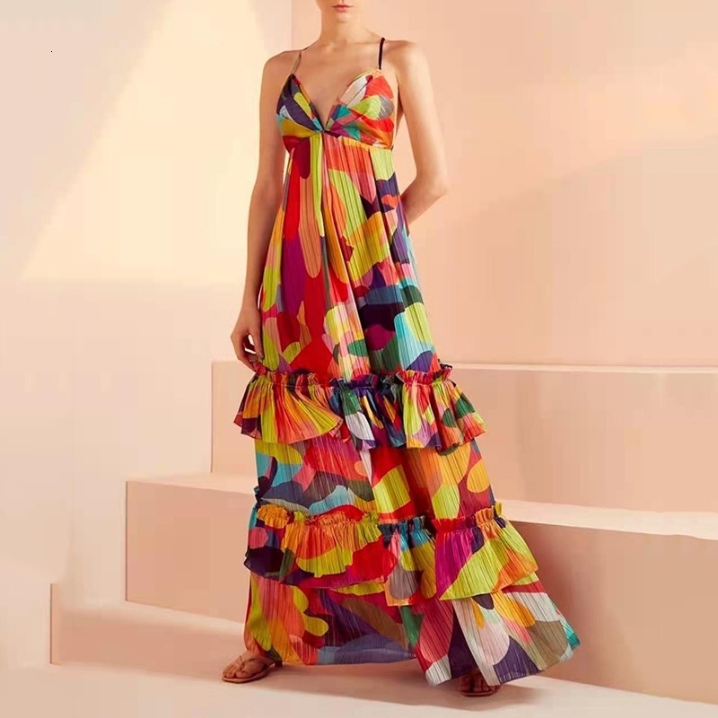 Casual Dresses Women Ruffles Strap Maxi Summer Colorblock Sleeveless High Waist Tunic Holiday Long 2021 LXWV-image-702295024