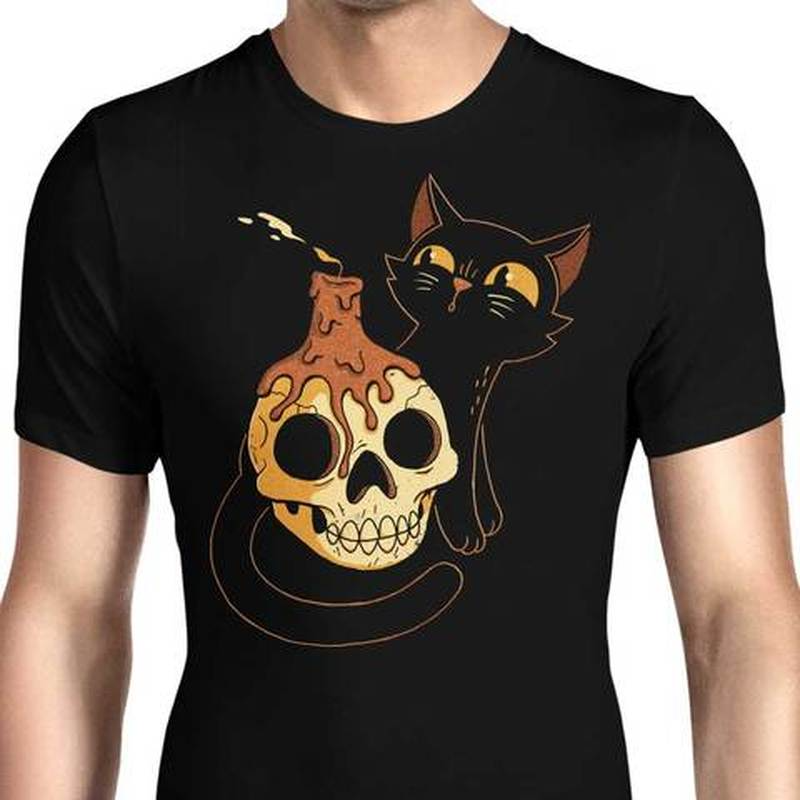 

European-style black cat and skull pattern ins wind round neck short-sleeved T-shirt for men and women, comfortable and loose, White;black