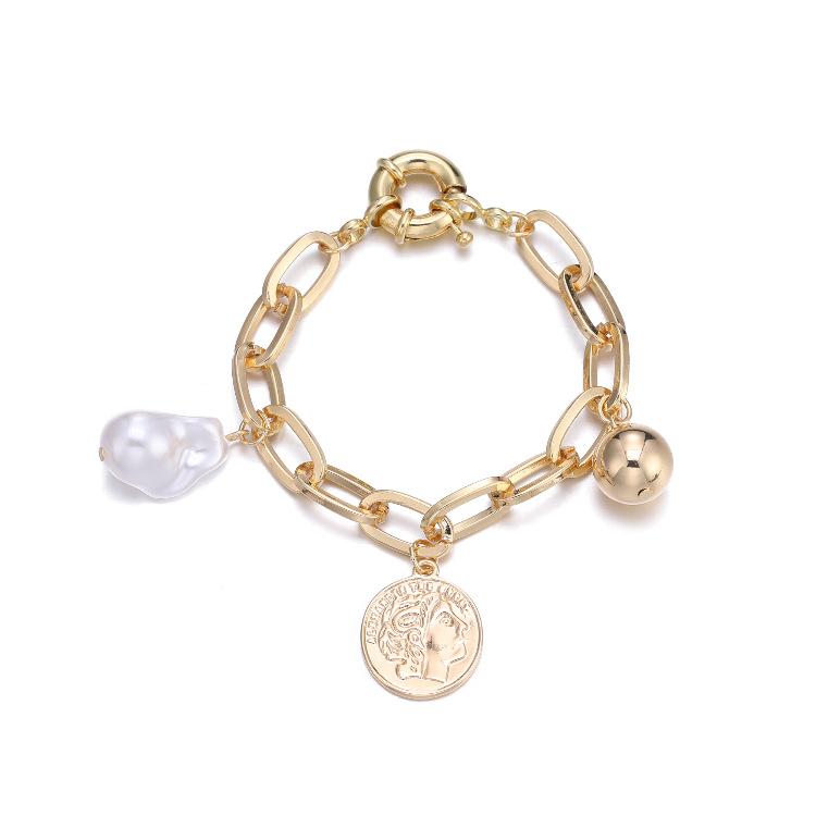 Bangle ORNAPEADIA Ins 2021 Pearl Coin Pendant Chain Korean Bracelet For Women Female Retro Simple Geometric Decoration-image-709074167