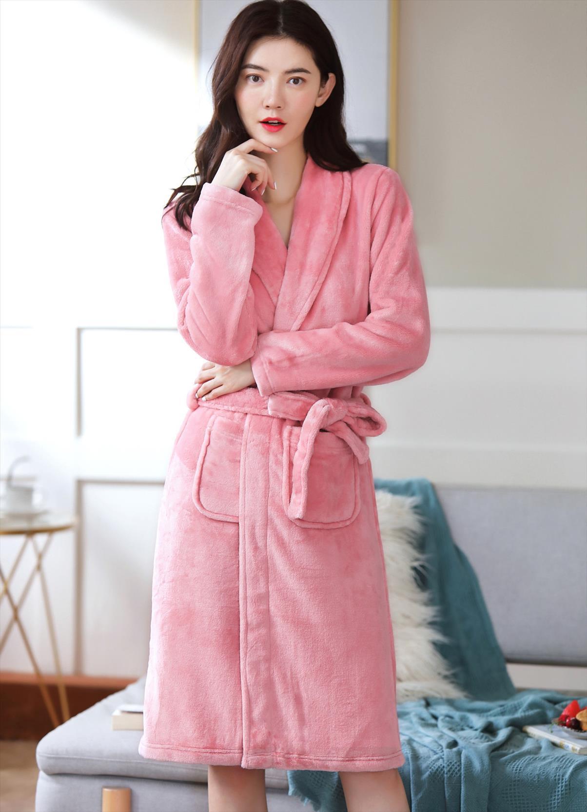 

pink red flannel bath womens sleepwears robe autumn winter solid plush couple bathrobe thick warm female dropshipping, Black;red