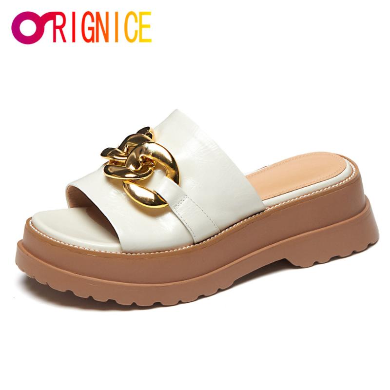 

Sandals Orignice Arrival Patent Leather Women Metal Chain Open Toe Slippers Summer Concise Platform Thick Sole Casual Shoes, Black