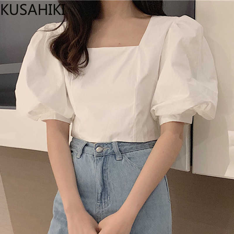 

KUSAHIKI Fashion Square Collar Women Blouse Tops Causal Puff Short Sleeve Sweet Shirt Short Blusas Feminimos 6F590 210602, Green
