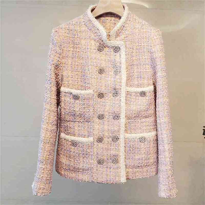 

Women Fashion Double Breasted Tweed Blazer Coat Vintage Long Sleeve Pockets Female Outerwear Chic Tops 210603, Picture color
