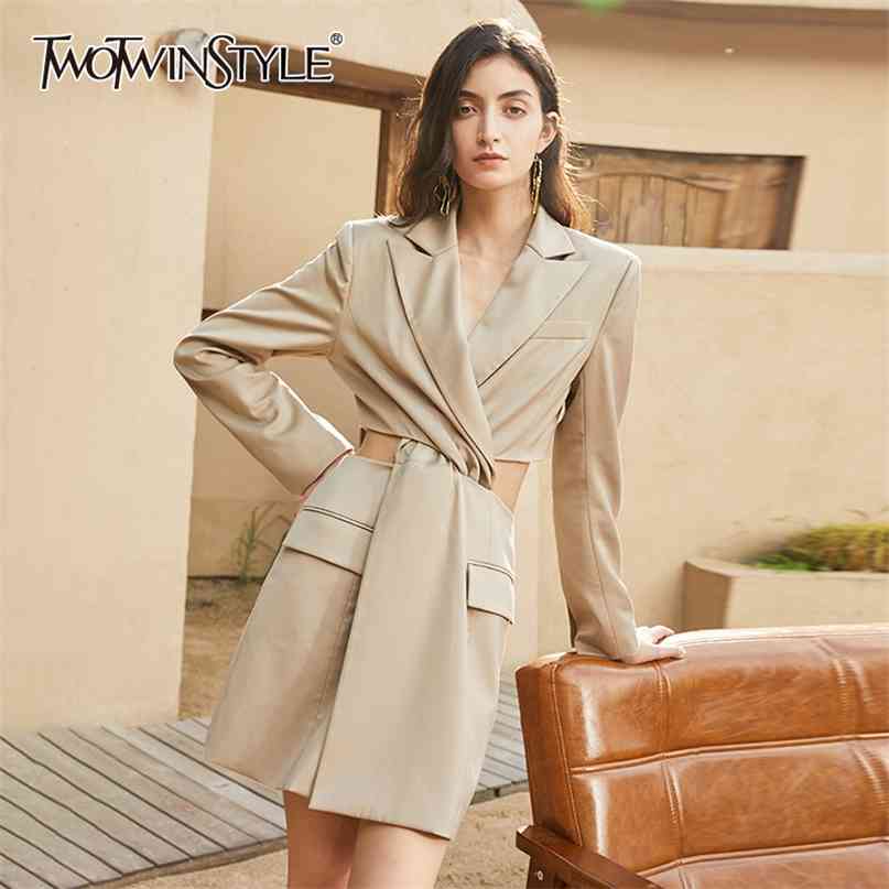 

Hollow Out Blazer Dress For Women Notched Long Sleeve High Waist Mini Dresses Female Fashion Clothing Fall 210520, Khaki