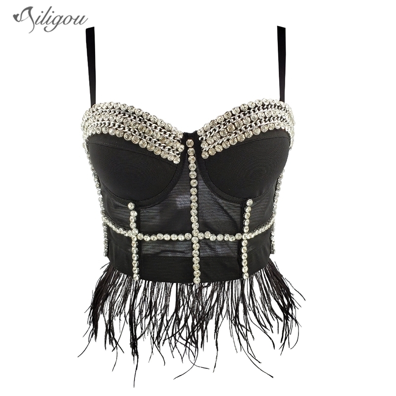 

Sexy Designer Crystal Diamond Mesh Black And White Feather Cotton Camisole Top Summer Ladies Fashionable Short 210525