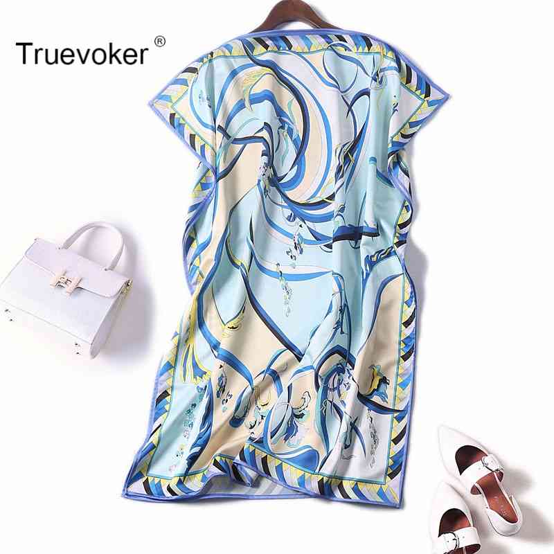 

Truevoker Designer Dres's High Quality Casual Abstract Printed Split Loose Straight Vestido 210602, Blue