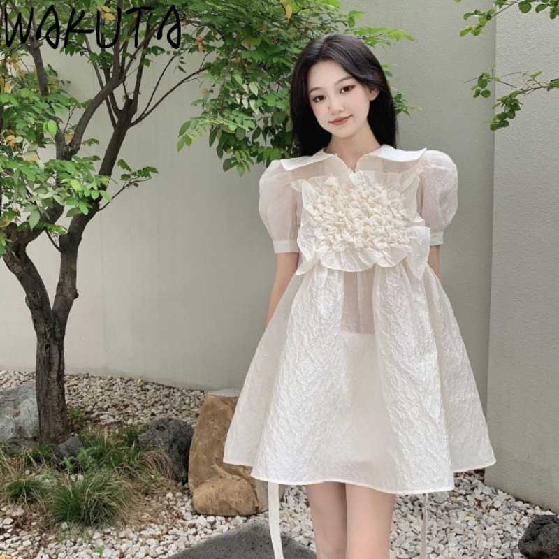 

WAKUTA Gentle Loose Mini Dress Women Summer Sweet Date Fairy Dresses Korean Style Elegant Puff Sleeve Peter Pan Neck Vestidos 210529, Creamy-white