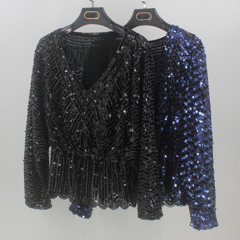 

Women's Blouses & Shirts 2021 Luxury Batwing Sleeve Deep V Neck Embellished Sequin Beading Tunic Blouse Elastic Waist Sexy Party Shirt Top, Beige