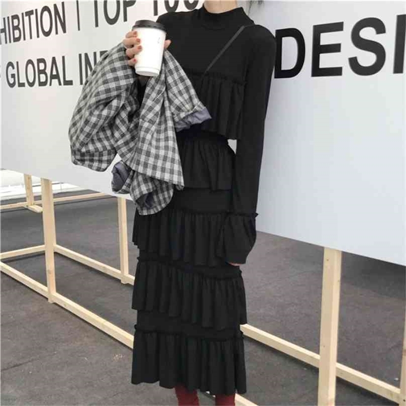 

Chic Spring Dress Woman Slim Waist Cloth Black Cascading Ruffle Long-sleeve Vestidos Korean Dresses Female Streetwear 210603