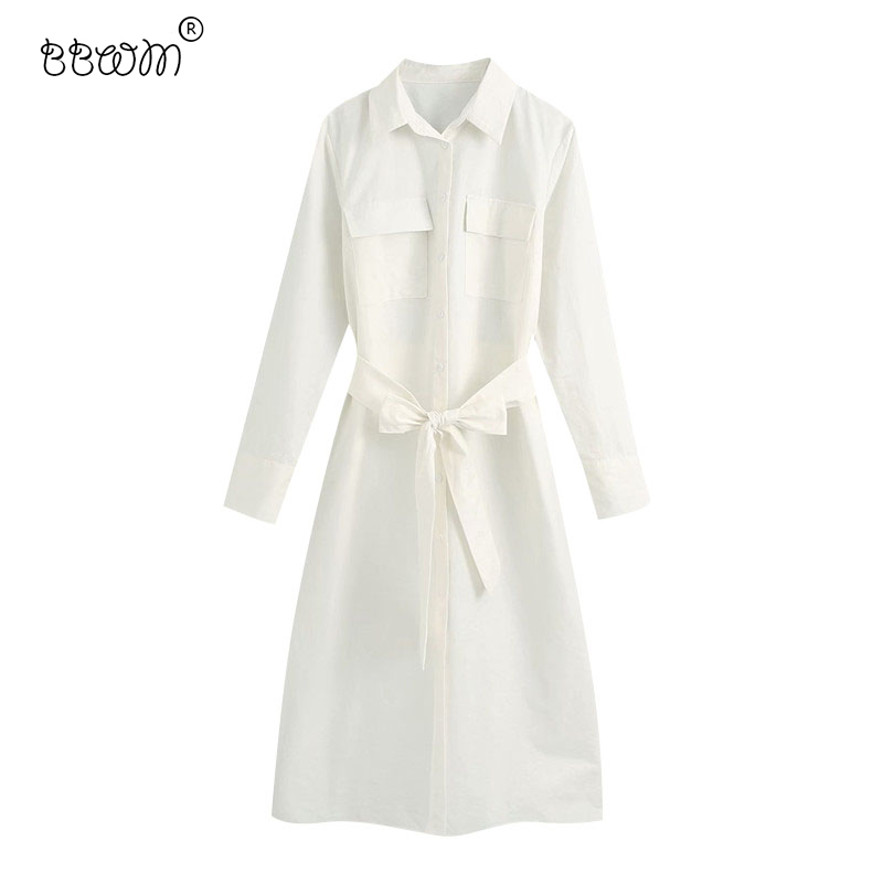 

Women Elegant Fashion Bow Sashes Pockets Long Shirt Dress Vintage Long Sleeve Buttons Lapel Collar Dresses 210520, As picture