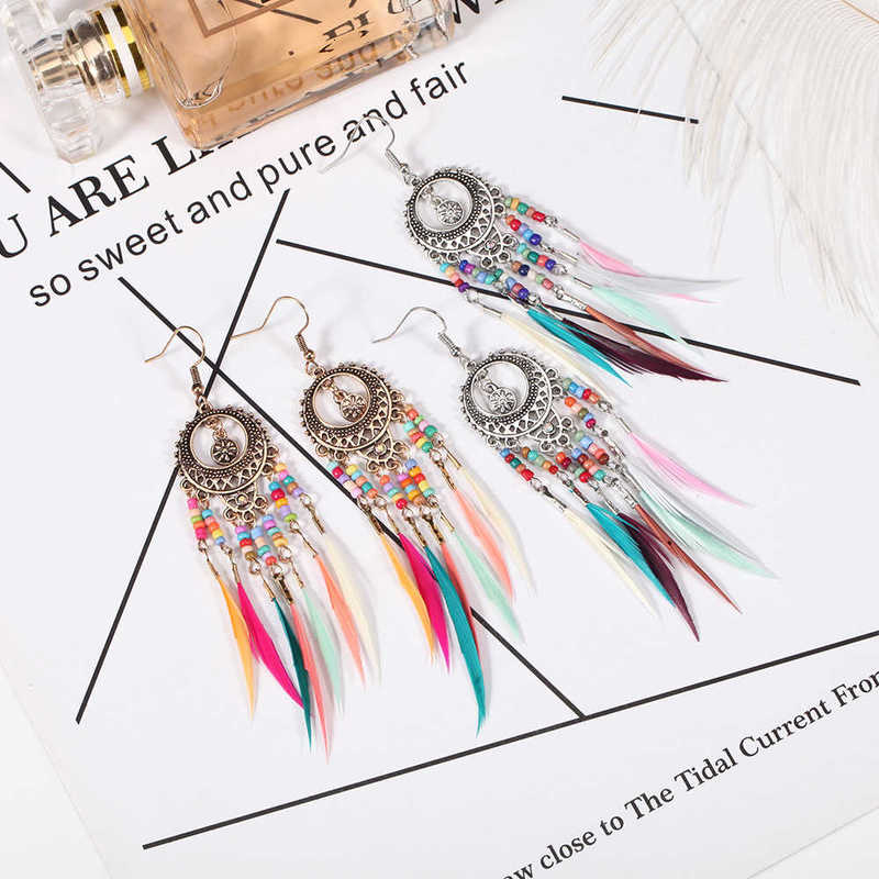 

earring bohemian handmade colorful rice bead feather earrings, hollow out plant flower earrings and earrings, Golden