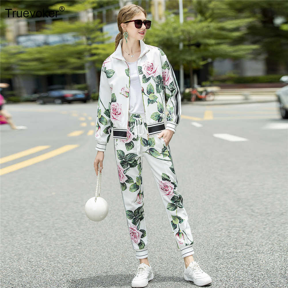 

Truevoker Autumn Runway Casual et' Full Sleeve Rose Flower Printed Hoodies + Pant Suit Party Clothing Sets 210602, Turquoise