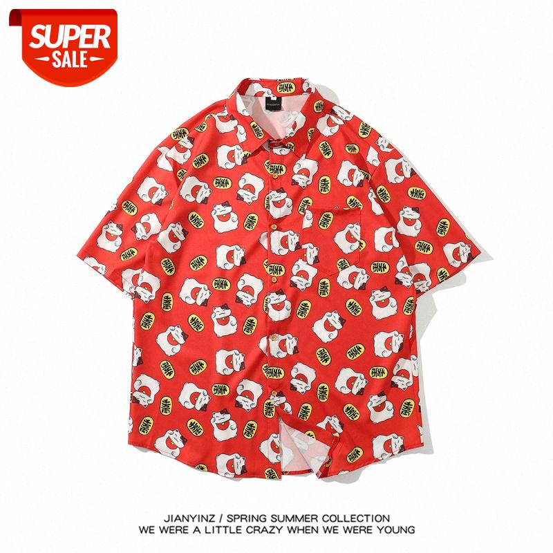 

INS Japanese short-sleeved floral shirt for men and women loose Weiyi beach lucky cat print #ht2N, White;black