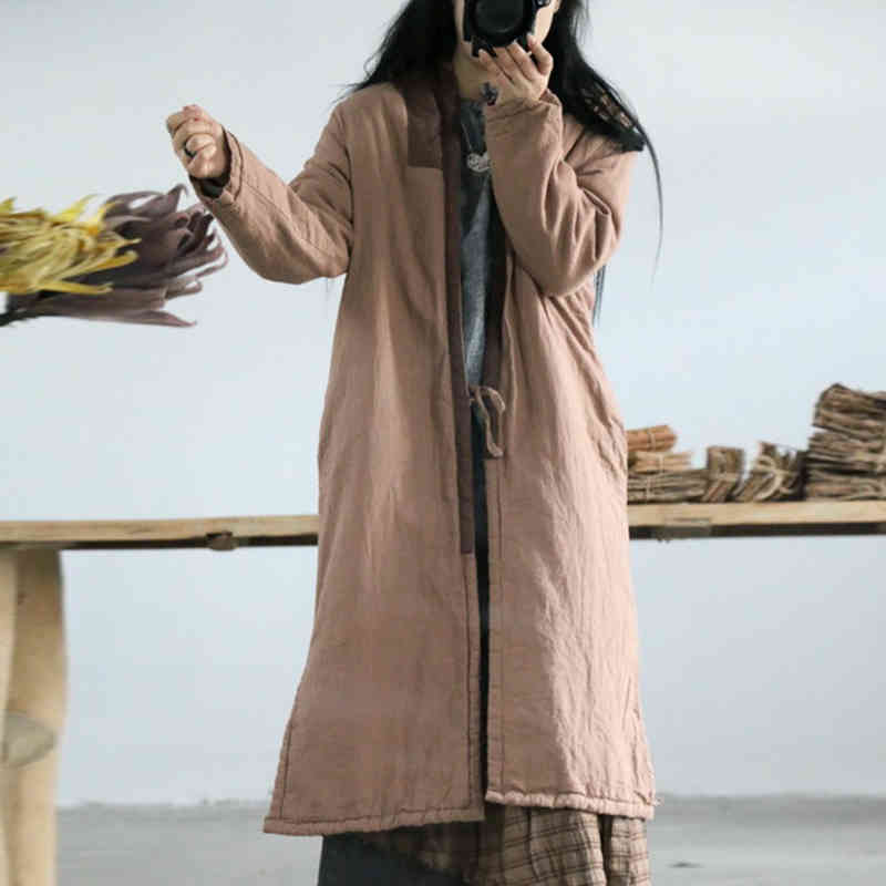 

Johnature Winter Cotton Trench Coat Leisure Women Clothes V-neck Collar Patchwork Full Sleeve Casual Long Coats 210521, Light chestnut