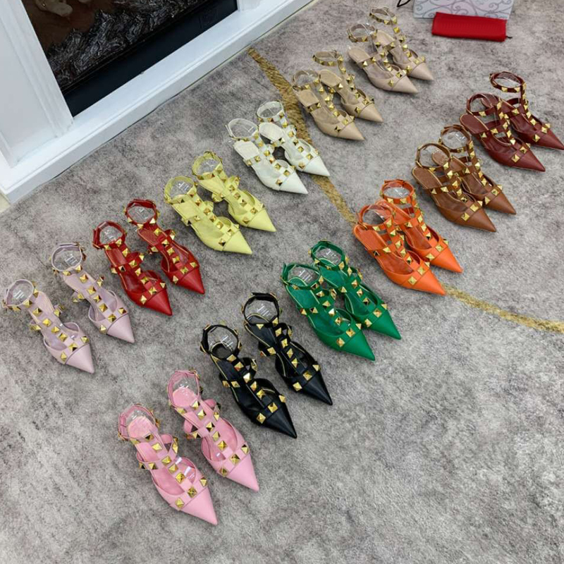 

Designer high quality womens sandals fashion spring and summer new leather Roman shoes rivet cross bandage Wrap Head anti slip middle heel back space size 35-42, Extra shoebox