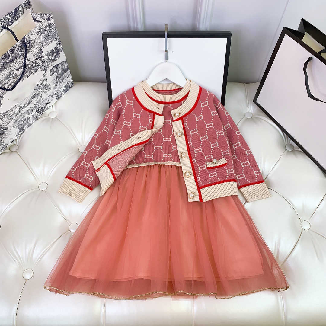 

luxury kids vest dress +sweater jackets sets childrens autumn di print design dresses long sleeve girls princess wear size 100-160, Red;yellow