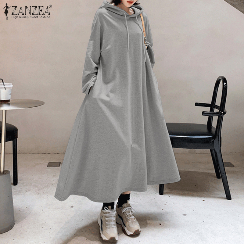 

Stylish Hooded Hoodies Dress Women Autumn Sweatshirts 2021 ZANZEA Casual Long Sleeve Maxi Vestidos Female Solid Robe Oversized, Beige