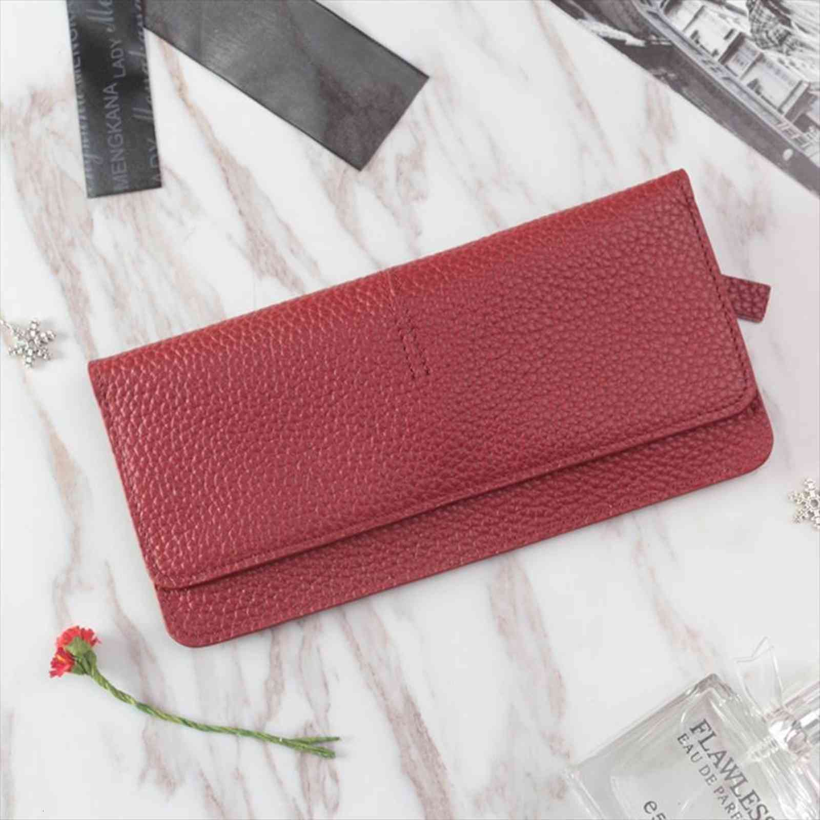 

genuine leather women wallet fashion solid color coin purse multifunctional cowhide female long purses zipper card holder, Red;black