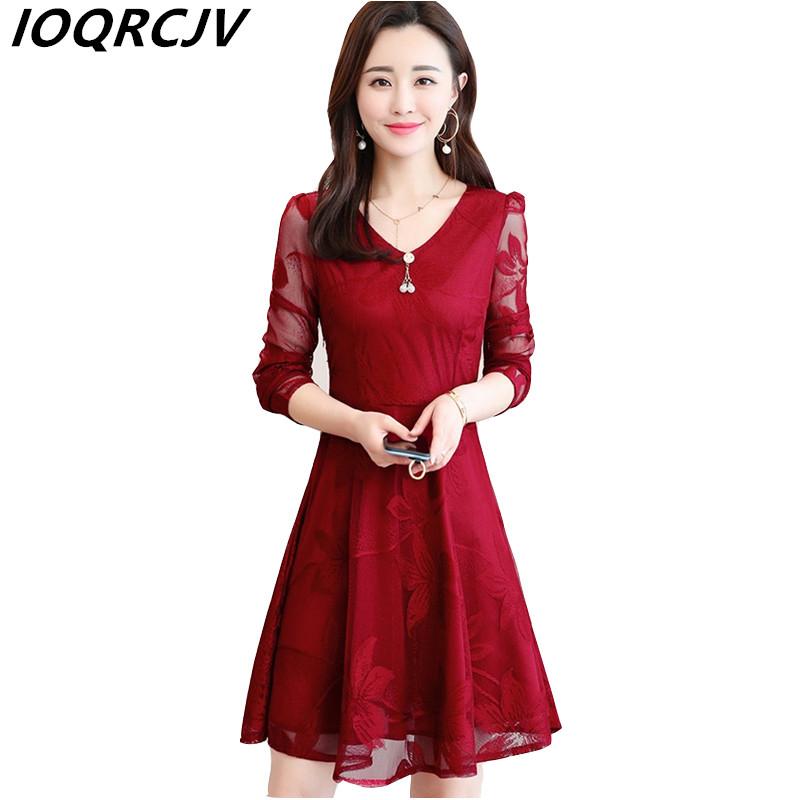 

Casual Dresses Plus Size 5XL Women Dress 2021 Spring Vintage Elegant Print Lace V-Neck Long-Sleeve A-Line Slim Midi Party Female Vestidos, Red
