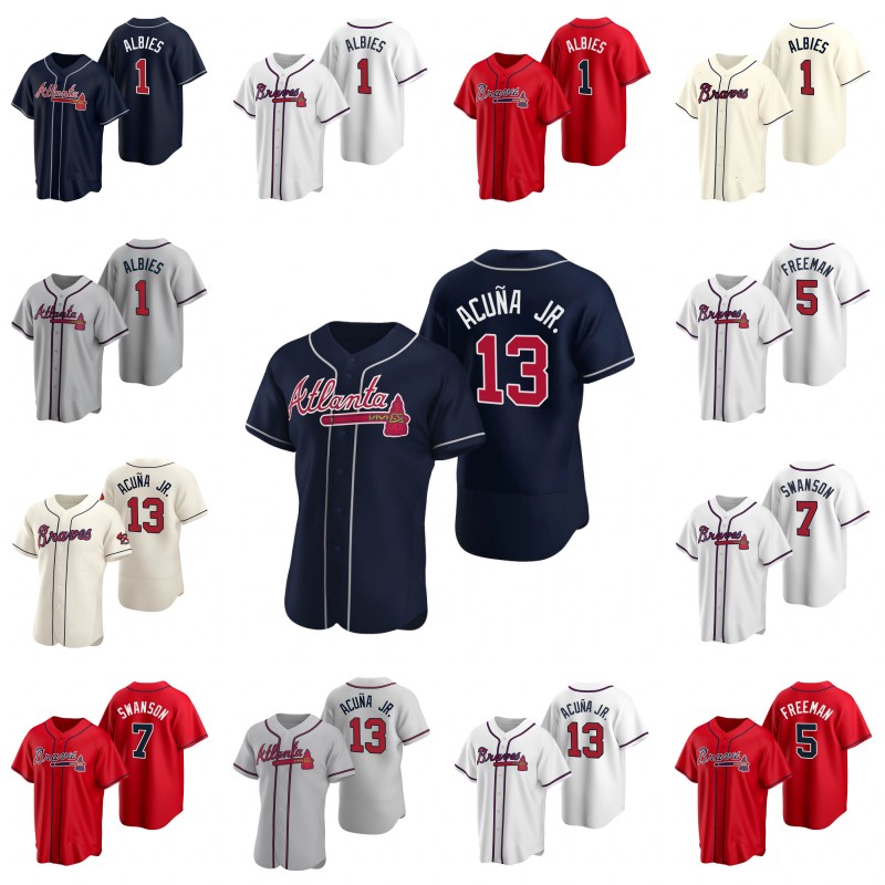 

Braves 2021 World Series Champions Ronald Acuna Jr. Jersey Ozzie Albies Freddie Freeman Austin Riley Jorge Soler Hank Aaron Joc Pederson Aaron Jones Dansby Swanson, Mens flex base beige